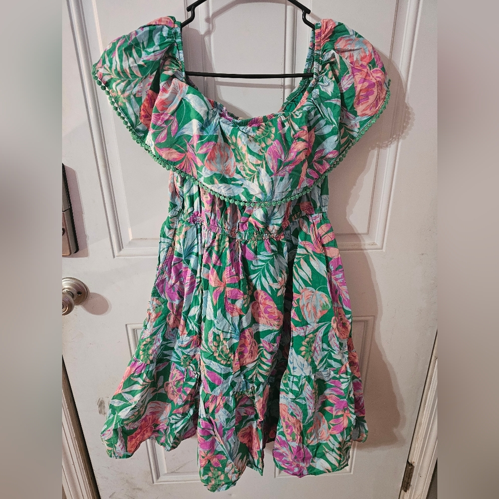 Green and Pink Off-the-Shoulder Midi Sundress